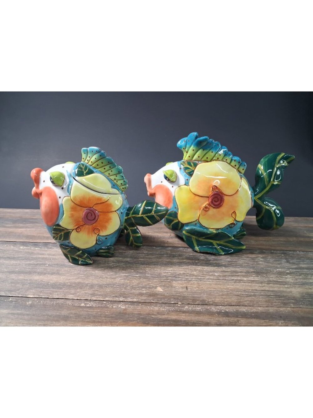 Diane Kissing Fish Lot Figure Container Ceramic Signed 2005